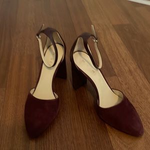 Burgundy/Maroon suede M Gemi heel with ankle strap. Size 37 / 7.